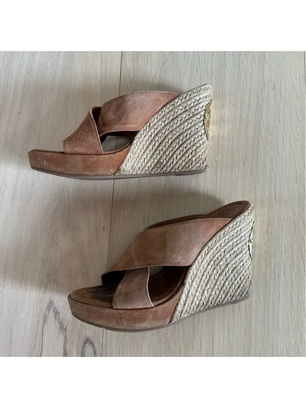 Tory Burch Wedges Shoes High Heels Brown And Gold Size 7.5